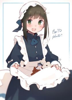 Rule 34 | 1boy, 1girl, admiral (kancolle), alternate costume, apron, apron basket, black hair, commentary, cowboy shot, date pun, enmaided, fubuki (kancolle), green eyes, hat, highres, kantai collection, ma rukan, maid, maid blue dress, maid day, mini person, miniboy, mob cap, number pun, sidelocks, smile, untranslatable commentary, white apron