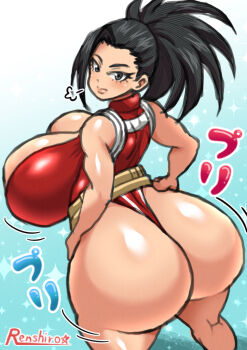 1girl adapted_costume ass bare_shoulders black_hair boku_no_hero_academia breasts cleavage closed_mouth cowboy_shot from_above from_behind huge_ass huge_breasts leotard looking_at_viewer looking_back ponytail red_leotard sleeveless solo standing thong_leotard tonshirou_(christar) yaoyorozu_momo
