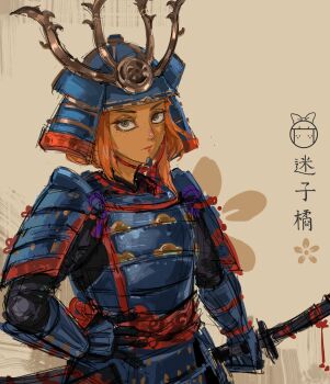 1girl absurdres arm_at_side armor black_armor bob_cut breastplate bright_pupils brown_background brown_eyes cherry_blossoms chin_strap commentary dark-skinned_female dark_skin eyelashes freckles gauntlets grey_armor grey_helmet hand_on_own_hip helmet highres holding holding_sword holding_weapon japanese_armor kabuto_(helmet) katana looking_at_viewer mymy_schoppenboer ongezellig orange_hair pauldrons red_trim romaji_commentary samurai short_hair shoulder_armor sidelocks sketch solo sword the_devil_chewing_gum translated weapon white_pupils