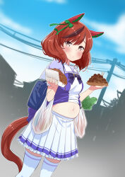 Rule 34 | 1girl, animal ears, back bow, bag, big belly, blue sky, bow, bowtie, brown eyes, brown hair, closed mouth, cloud, cloudy sky, commentary, cowboy shot, day, dutch angle, ear covers, flying sweatdrops, food, frilled skirt, frills, grocery bag, highres, holding, holding food, horse ears, horse girl, horse tail, looking at viewer, medium hair, miniskirt, multicolored hair, navel, nice nature (umamusume), outdoors, plastic bag, pleated skirt, power lines, puffy short sleeves, puffy sleeves, purple bow, purple bowtie, purple shirt, retsumaru, sailor collar, school bag, school uniform, serafuku, shirt, shopping bag, short sleeves, skirt, sky, smile, solo, standing, streaked hair, summer uniform, sweatdrop, tail, thighhighs, tracen school uniform, twintails, umamusume, white sailor collar, white skirt, white thighhighs