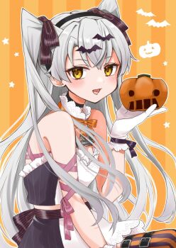 1girl alternate_costume amatsukaze_(kancolle) apron bat_hair_ornament black_dress black_ribbon brown_eyes cocoperino dress grey_hair hair_ornament halloween_costume kantai_collection orange_background ribbon sleeveless sleeveless_dress smile solo strap_slip striped_clothes striped_thighhighs thighhighs upper_body white_apron