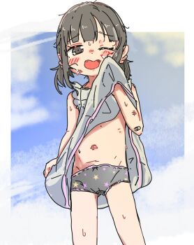 1girl bandaid bandaid_on_arm black_panties border cameltoe clothes_lift dirty dress dress_lift fang highres lifting_own_clothes loli navel one_eye_closed open_mouth original outside_border panties print_panties solo star_(symbol) star_print stomach sweat underwear white_border wiping_face youyoukai