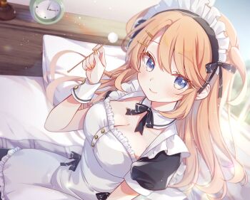 1girl alarm_clock apron black_bow black_bowtie black_dress blue_eyes blush bow bowtie breasts cleavage clock closed_mouth commentary_request dress frilled_apron frills gomano_rio holding indoors large_breasts long_hair looking_at_viewer maid maid_headdress mimikaki on_bed orange_hair original parted_bangs pillow short_sleeves sitting smile solo white_apron