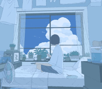 1girl barefoot bedroom black_hair blue_sky bob_cut chinese_commentary cloud commentary_request controller cool_colored curtains day electric_fan facing_away fishbowl food from_side hand_fan highres holding holding_food holding_popsicle holding_remote_control indian_style indoors limited_palette looking_to_the_side ma_(mamamauuuuu) on_bed original paper_fan pillow plant popsicle potted_plant remote_control shadow shirt short_hair shorts sitting sky slice_of_life solo television three-quarter_sleeves videocassette_recorder white_shirt window