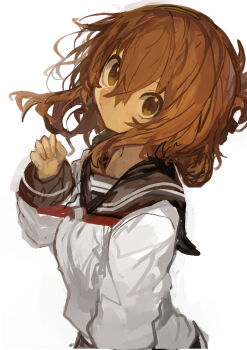 1girl absurdres black_sailor_collar brown_eyes brown_hair closed_mouth commentary folded_ponytail hair_between_eyes highres inazuma_(kancolle) kaamin_(mariarose753) kantai_collection long_sleeves looking_at_viewer neckerchief red_neckerchief sailor_collar school_uniform serafuku simple_background solo upper_body white_background