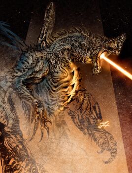 Rule 34 | absurdres, breath weapon, breathing fire, calligraphy brush (medium), claws, commentary request, deadpool yuchan, dragon, embers, fire, glowing chest, gogmazios, highres, laser, monster, monster focus, monster hunter (series), monster hunter wilds, no humans, red eyes, sharp teeth, shoulder cannon, signature, solo, spikes, teeth, winged arms, wings