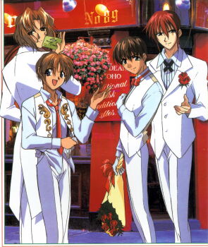 1990s_(style) 4boys :d absurdres anime_coloring black_cross_tie bouquet bow bowtie bride brown_hair commentary cross_tie flower formal_clothes fujimiya_ran hand_on_own_hip hidaka_ken highres jacket kudou_youji long_sleeves looking_at_viewer magazine_scan male_focus multiple_boys necktie non-web_source official_art open_mouth pants red_flower red_hair red_rose retro_artstyle rose scan smile standing suit tsukiyono_omi vest wedding weiss_kreuz white_jacket white_pants white_suit