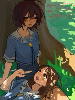 Rule 34 | 2girls, ahoge, azumanga daioh's school uniform, azumanga daiou, blue ribbon, blue serafuku, blue skirt, brown eyes, brown hair, grass, highres, kagura (azumanga daioh), kasuga ayumu, kyuunn, lap, medium hair, multiple girls, pleated skirt, ribbon, sailor collar, school uniform, serafuku, short hair, short sleeves, sitting, skirt, tree, white sailor collar, yuri