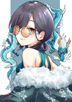 1girl absurdres back_cutout bare_shoulders black_hair blue_background blue_dress braid china_dress chinese_clothes clothing_cutout coat commentary dragon dress eastern_dragon from_behind fur-trimmed_coat fur_trim hair_rings highres katsuragi_izumi katsuragi_izumi_(shiren_koto_no_ryuu) link!_like!_love_live! long_hair love_live! mendo_(mend0o0) off_shoulder official_alternate_costume orange_eyes sleeveless sleeveless_dress slit_pupils solo upper_body virtual_youtuber