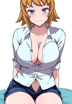 1girl absurdres artist_name batta_16-sei blue_eyes blush breasts cleavage closed_mouth collarbone collared_shirt commentary_request cowboy_shot denim denim_shorts gundam gundam_build_fighters gundam_build_fighters_try highres hoshino_fumina large_breasts looking_at_viewer navel open_fly orange_hair partially_unbuttoned shirt short_hair shorts sitting smile solo split_mouth white_background white_shirt