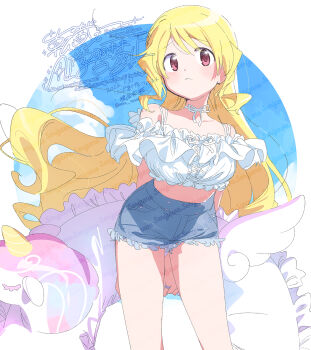 1girl bare_shoulders blonde_hair blue_shorts blush breasts closed_mouth cowboy_shot crop_top cropped_shirt dated denim denim_shorts highres innertube large_breasts long_hair magia_record:_mahou_shoujo_madoka_magica_gaiden mahou_shoujo_madoka_magica off-shoulder_shirt off_shoulder red_eyes serizawa_serizane shirt short_shorts shorts solo standing swim_ring togame_momoko twitter_username watermark white_shirt