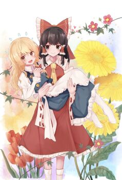 2girls apron ascot blonde_hair blush bow braid brown_eyes brown_hair carrying carrying_person closed_mouth commentary detached_sleeves flower flower_request flying_sweatdrops frilled_bow frilled_hair_tubes frilled_skirt frills hair_bow hair_tubes hakurei_reimu heart highres kirisame_marisa long_hair multiple_girls no_headwear open_mouth pink_flower princess_carry red_bow red_flower red_skirt ribbon-trimmed_sleeves ribbon_trim side_braid single_braid skirt skirt_set smile socks sunflower symbol-only_commentary taguno touhou waist_apron white_apron white_socks yellow_ascot yellow_eyes yellow_flower yuri