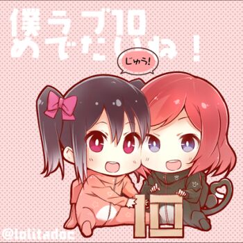 Rule 34 | 10s, 2c=galore, 2girls, animal costume, animal hood, black hair, blocks, blue eyes, bow, rabbit costume, rabbit hood, cat costume, cat tail, hair bow, hood, hood down, love live!, love live! school idol project, lowres, multiple girls, nishikino maki, purple eyes, red hair, sitting, tail, twitter username, yazawa nico, aged down