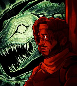 Rule 34 | 1boy, beard, blank eyes, facial hair, glowing, glowing eyes, headband, highres, iron lung (movie), male focus, mimicben, monster, mustache, parted lips, red theme, scar, scar on face, sea monster, sharp teeth, simon (iron lung), solo, spoilers, teeth, upper body, wavy hair, white eyes