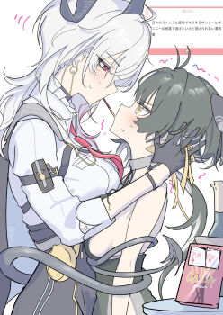 2girls ahoge arm_pouch black_gloves black_hair black_horns black_tail blush breasts commentary_request curled_horns demon_tail earrings eye_contact fan_request female_rover_(wuthering_waves) food from_side gloves grey_hair hair_ribbon highres horns jewelry large_breasts long_hair looking_at_another low_ponytail marshmallow_(site) mole mole_under_eye multiple_girls mutii necktie pocky ponytail red_eyes red_necktie request_inset ribbon rover_(wuthering_waves) shirt shirt_tucked_in tail tail_wrap translation_request triangle_earrings white_shirt wuthering_waves yellow_eyes yellow_ribbon yuri zani_(wuthering_waves)