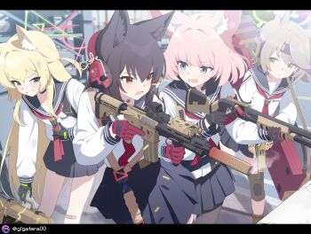 4girls ahoge animal_ear_fluff animal_ears assault_rifle benelli_m3 black_gloves blonde_hair blue_archive blue_eyes blue_sailor_collar blue_skirt brown_hair cocking_gun fox_ears fox_girl fox_platoon_(blue_archive) giga-tera glock gloves green_eyes green_gloves gun h&amp;k_hk416 hair_between_eyes halo handgun highres kurumi_(blue_archive) long_hair looking_at_viewer medium_hair multicolored_gloves multiple_girls neckerchief niko_(blue_archive) otogi_(blue_archive) pink_hair red_eyes red_gloves red_neckerchief revision rifle sailor_collar school_uniform serafuku shirt shotgun skirt thighs throat_microphone two-tone_gloves weapon white_shirt yukino_(blue_archive)