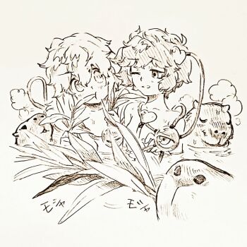 Rule 34 | 2girls, breasts, capybara, collarbone, commentary request, convenient censoring, eating, eyeball, hair between eyes, hair ornament, heart, heart hair ornament, heart of string, holding, holding plant, komeiji koishi, komeiji satori, menotama, multi-source commentary, multiple girls, no headwear, nude, one eye closed, onsen, open mouth, partially submerged, plant, same-sex bathing, shared bathing, short hair, small breasts, steam, third eye, touhou, traditional media, translation request, water