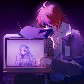 1boy ahoge armrest black_hairband black_pants black_streaks blue_eyes blue_jacket collared_shirt commentary_request crossed_legs crt grey_jacket hairband highres hood hoodie hyakiinn7ki jacket kashimiya_karua last_defense_academy_school_uniform long_hair male_focus multicolored_hair multicolored_jacket open_clothes open_jacket pants purple_eyes red_hair school_uniform shirt short_hair sidelighting sitting smile streaked_hair sumino_takumi television the_hundred_line_-last_defense_academy- two-tone_jacket watermark white_jacket white_shirt