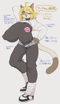 1girl 3yo4yo5yo ahoge animal_ears black_bodysuit blonde_hair bodysuit breasts cat_ears cat_girl cat_tail commentary_request covered_erect_nipples flare_(3yo4yo5yo) furry furry_female gigantic_breasts hands_on_own_hips highres hood hoodie muscular muscular_female one_eye_closed original sagging_breasts short_hair short_shorts shorts shrug_(clothing) simple_background tail white_background