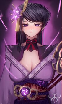 1girl absurdres alternate_color alternate_costume alternate_hairstyle armor breasts cleavage clothing_cutout cosplay crossover fan_hair_ornament flower flower_ornament genshin_impact glowing hair_ornament highres japanese_clothes komi-san_wa_komyushou_desu komi_shouko large_breasts long_hair long_sleeves looking_at_viewer lovertee_arts mitsudomoe_(shape) neck_ribbon off_shoulder parted_lips pink_lips purple_background purple_eyes purple_flower purple_hair raiden_shogun raiden_shogun_(cosplay) red_ribbon red_sash ribbon sash shade shoulder_armor shoulder_cutout solo standing tomoe_(symbol) wide_sleeves