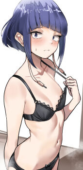 1girl absurdres arm_behind_back audio_jack black_bra black_panties blue_eyes blue_hair blunt_bangs blush boku_no_hero_academia bra breath closed_mouth collarbone extra_ears flat_chest from_side highres jiro_kyoka lace lace-trimmed_bra lace_trim looking_at_viewer looking_to_the_side navel panties pulling_own_clothes short_hair sidelocks solo stomach strap_pull sweatdrop underwear wavy_mouth zd_(pixiv6210083)