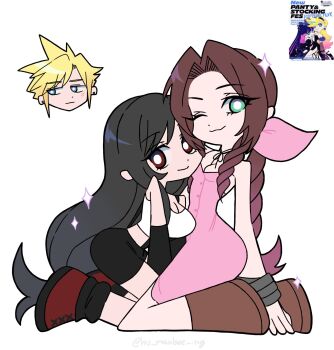 1boy 2girls :3 aerith_gainsborough bangle bare_shoulders black_gloves black_hair black_skirt blue_eyes boots bracelet braid braided_ponytail breasts brown_boots brown_hair buttons choker cleavage closed_mouth cloud_strife crop_top dress earrings elbow_gloves final_fantasy final_fantasy_vii floating_head full_body gloves green_eyes hair_ribbon highres hu_manbee_ing jewelry kneeling light_blush light_smile long_dress long_hair medium_breasts midriff miniskirt multiple_girls one_eye_closed panty_&amp;_stocking_with_garterbelt panty_&amp;_stocking_with_garterbelt_(style) panty_(psg) parted_bangs pink_dress pink_ribbon red_boots red_eyes reference_inset ribbon ribbon_choker shirt short_hair sidelocks single_braid sitting skirt sleeveless sleeveless_shirt sparkle spiked_hair stocking_(psg) suspenders tifa_lockhart white_background white_shirt yuri