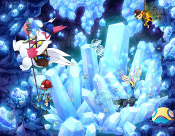 area_zero artist_name blue_helmet brown_bag carbink cave_interior chimchar closed_mouth clothed_pokemon commentary cosmog crystal dewott dunsparce english_commentary fire gen_2_pokemon gen_3_pokemon gen_4_pokemon gen_5_pokemon gen_6_pokemon gen_7_pokemon glimmet grey_jacket helmet high-visibility_clothing high-visibility_vest holding holding_rope jacket legendary_pokemon mining_helmet nihilego nintendo open_clothes open_jacket open_mouth open_vest pokemon pokemon_(creature) pokemon_focus rappelling red_helmet rope signature smile thecalendork ultra_beast vest watermark xerneas yellow_vest zangoose