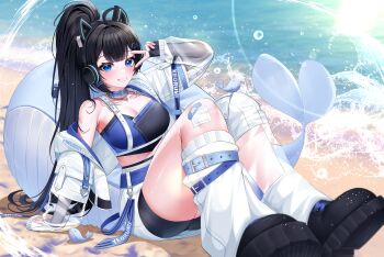 1girl absurdres animal_ear_headphones animal_ears armpits bandaged_leg bandages bandaid bandaid_on_leg bandeau bare_shoulders beach belt bike_shorts black_gloves black_hair black_shirt black_shorts blue_choker blue_eyes blue_nails breasts cat_ear_headphones cat_ears choker cleavage crop_top cropped_jacket fake_animal_ears fingerless_gloves full_body gloves grin hair_ornament hand_up headphones highres indie_virtual_youtuber jacket jewelry knees_up korean_commentary large_breasts long_hair long_sleeves looking_at_viewer loose_socks making-of_available medium_breasts midriff necklace off_shoulder open_clothes open_jacket ponytail see-through_clothes shirt shoes short_shorts shorts shorts_under_skirt sitting skirt sleeveless sleeveless_shirt smile socks solo strapless thighs tube_top v very_long_hair virtual_youtuber water white_jacket white_shorts white_skirt white_socks yeon_do_e yeorumi_(vtuber)