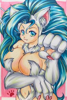 1girl animal_ears animal_hands bare_shoulders blue_eyes blue_hair breasts cat_ears cat_tail darkstalkers fang felicia_(darkstalkers) large_breasts long_hair looking_at_viewer tail umi_ykhm05 very_long_hair white_fur