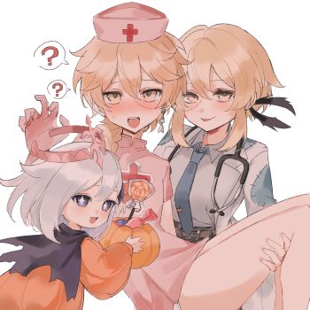 +_+ 1boy 2girls ? absurdres aether_(genshin_impact) alternate_costume belt black_cape blonde_hair blue_necktie braid breasts brother_and_sister brown_belt bucket candy cape carrying collared_shirt commentary_request cross crossdressing crossdressing_(mtf) crystal_hair_ornament dress earrings feather_hair_ornament feathers fingernails food from_side genshin_impact gloves grey_hair hair_between_eyes hair_ornament halloween halloween_bucket halloween_costume halo hand_up hands_up hat highres holding holding_bucket jewelry lapels lollipop long_hair long_sleeves lumine_(genshin_impact) mandarin_collar mechanical_halo medium_breasts multiple_girls necktie nihon_no_hentai nurse_cap open_clothes open_mouth open_robe orange_dress paimon_(genshin_impact) panties pantyshot pink_dress pink_gloves pink_hat princess_carry puffy_long_sleeves puffy_sleeves purple_eyes robe scar scar_on_face shirt short_dress short_hair short_sleeves siblings sidelocks single_braid single_earring smile speech_bubble spoken_question_mark sweatdrop teeth tie_clip tongue tongue_out torn_cape torn_clothes underwear white_panties white_robe white_shirt yellow_eyes