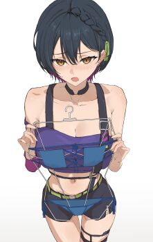 1girl absurdres bare_shoulders belt bikini black_choker black_shorts black_sports_bra blouse blush braid breasts brown_eyes center-flap_bangs choker cleavage collarbone colored_inner_hair commentary_request cowboy_shot crop_top cross-laced_slit double-parted_bangs earclip earrings embarrassed eyepatch_bikini from_above gradient_background gradient_hair green_belt grey_background hair_between_eyes highres holding holding_swimsuit holding_unworn_clothes jewelry kaekae_kaeru large_breasts legwear_garter long_sleeves looking_at_viewer midriff multi-source_commentary multicolored_hair navel nijisanji no_jacket off-shoulder_shirt off_shoulder official_alternate_costume official_alternate_hair_length official_alternate_hairstyle open_mouth pixie_cut purple_hair purple_shirt shirt short_hair short_shorts shorts side_braid side_slit side_slit_shorts simple_background single_legwear_garter single_sleeve single_suspender single_thighhigh slit_pupils solo sports_bra straight-on swimsuit swimsuit_hanger thigh_strap thighhighs unworn_bikini unworn_swimsuit virtual_youtuber yamagami_karuta yamagami_karuta_(4th_costume)