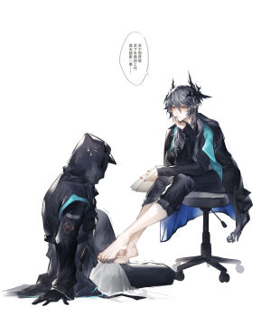 2boys absurdres arknights barefoot black_gloves black_jacket black_pants chair chinese_text coat demon_boy demon_horns doctor_(arknights) erection feet footjob full_body gloves grey_hair highres holding hood horns jacket jacket_on_shoulders logos_(arknights) long_sleeves male_doctor_(arknights) male_focus mole multiple_boys nail_polish office_chair pants penis pointy_ears simple_background sitting speech_bubble sweatdrop swivel_chair takano_jiyuu toenail_polish toenails toes two-footed_footjob white_background