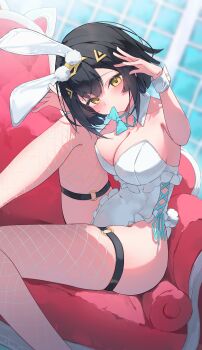 1girl absurdres alternate_costume amber_(stella_sora) animal_ears aqua_bow aqua_bowtie bare_shoulders black_hair blush bow bowtie bowtie_in_mouth breasts chisei259 cleavage collarbone commentary couch covered_navel criss-cross_straps detached_collar dutch_angle fake_animal_ears fake_tail fishnet_thighhighs fishnets frilled_leotard frills hair_ornament hairpin headpiece highres large_breasts leg_up leotard looking_at_viewer medium_hair o-ring o-ring_thigh_strap on_couch playboy_bunny rabbit_ears rabbit_pose rabbit_tail solo stella_sora tail thigh_strap thighhighs thighs traditional_bowtie white_leotard wrist_cuffs yellow_eyes