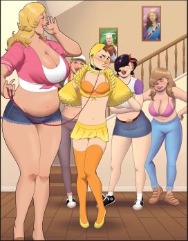 1boy 4girls bird_costume black_hair blonde_hair blue_pants blue_shorts blue_skirt bra breasts brown_hair brown_shoes cleavage closed_eyes costume crop_top crossdressing crossdressing_(mtf) denim denim_shorts denim_skirt femdom highres holding holding_leash indoors jeans large_breasts laughing leash long_hair midriff miniskirt multiple_girls navel open_mouth orange_bra orange_thighhighs original pants photo_(object) pink_bra pink_shirt pleated_skirt plump purple_sleeves shirt shoes short_hair short_shorts shorts skirt stairs tank_top thighhighs tied_shirt trap underwear voloh white_shirt white_tank_top wooden_floor yellow_skirt