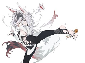 1girl absurdres animal_ears armpit_cutout black_nails candy clothing_cutout commentary_request feet food fox heart heart_in_mouth highres holding holding_candy holding_food holding_lollipop lollipop loongm original pointy_ears soles stirrup_legwear toeless_legwear toes white_hair