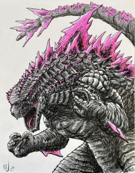 bioluminescence commentary crossover elbow_spikes giant giant_monster glowing glowing_spikes godzilla godzilla_(monsterverse) godzilla_(series) godzilla_evolved godzilla_x_kong:_the_new_empire grey_background highres kaiju king_kong_(series) legendary_pictures monster monsterverse noah_cortez pink_eyes sharp_teeth signature simple_background solo tail teeth toho