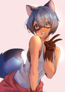 1girl absurdres animal_ears bare_shoulders blue_hair brand_new_animal breasts brown_hair commentary_request cyan_paint furry furry_female gradient_eyes green_eyes highres kagemori_michiru looking_at_viewer multicolored_eyes multicolored_hair open_mouth raccoon_ears raccoon_girl raccoon_tail red_eyes shirt short_hair signature simple_background sleeveless small_breasts smile solo sports_bra tail v white_shirt