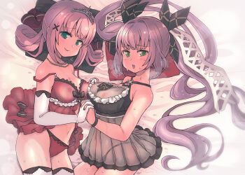 Rule 34 | babydoll, black bow, bow, bow panties, character request, commentary request, es (eisis), frills, green eyes, hair ornament, highres, jewelry, king's cross (mist train girls), long hair, mist train girls, necklace, nipples, panties, pants, red pants, see-through clothes, thighhighs, tiara, twintails, underwear, very long hair, white thighhighs, x hair ornament