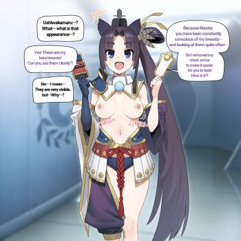 1girl :d armor asymmetrical_clothes asymmetrical_sleeves bilingual_commentary black_hair blue_eyes blurry blurry_background breasts commentary_request cowboy_shot detached_sleeves english_text fate/grand_order fate_(series) feather_hair_ornament feathers hair_ornament hallway hands_up hat highres in_(ain) japanese_armor korean_commentary kusazuri long_hair looking_at_viewer medium_breasts mismatched_sleeves mixed-language_commentary navel nipples open_mouth purple_sleeves revealing_clothes showgirl_skirt side_ponytail single_pantsleg smile solo speech_bubble standing tate_eboshi ushiwakamaru_(fate) ushiwakamaru_(second_ascension)_(fate) very_long_hair