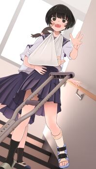 2girls absurdres arm_sling bandaid bandaid_on_cheek bandaid_on_face black_eyes black_hair brown_hair cast crutch highres indoors multiple_girls narabini original school_uniform serafuku shoes short_hair stairs uwabaki