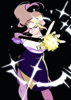 1girl 3itches black_background black_nails black_skirt blonde_hair closed_mouth commentary cowboy_shot floating_hair highres holding holding_wand olivia_(3itches) shirt simple_background skirt solo sparkle tweetyq1961 wand white_shirt