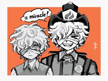 2boys :d age_comparison bandage_over_one_eye border bright_pupils curly_hair english_text expressionless fangs florian_brand greyscale_with_colored_background hat highres identity_v jacket laughing looking_at_viewer male_focus multiple_boys oishi_ca open_mouth orange_background shirt smile sweater_vest time_paradox white_border white_pupils