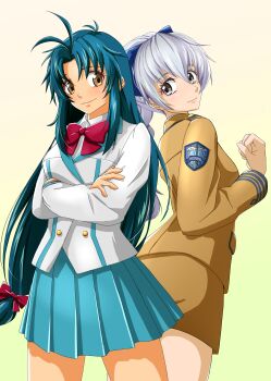 2girls absurdres blue_hair bow braid breasts brown_eyes brown_shirt brown_skirt chidori_kaname fujish full_metal_panic! grey_eyes grey_hair hair_bow highres jindai_high_school_uniform light_smile long_hair long_sleeves looking_at_viewer low-tied_long_hair medium_breasts multiple_girls patch school_uniform shirt simple_background single_braid skirt smile teletha_testarossa