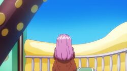 1girl 2025 20s age_progression aged_up animated anime_screenshot belt belt_buckle blue_sky bracelet brown_jacket buckle character_name female_focus jacket jewelry jewelry_bonney long_hair midriff one_piece pink_hair shirt short_shorts shorts sitting sky solo sound suspenders tagme transformation video white_shirt