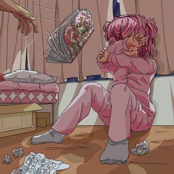 1boy 1girl 51707 abuse bad_id bed bedroom blocking blush bob_cut breasts clenched_hands commentary covering_face covering_own_eyes crumpled_paper crying curtains damaged doki_doki_literature_club english_commentary father_and_daughter foreshortening full_moon grey_socks hair_ornament hair_ribbon highres knees_up long_sleeves manga_(object) moon motion_lines natsuki_(doki_doki_literature_club) night on_floor pajamas pants paper parted_lips pillow pink_hair pink_pajamas pink_pants pink_shirt pov pov_hands red_ribbon ribbon sad shirt short_hair sitting sky small_breasts socks solo_focus star_(sky) streaming_tears swept_bangs tears textless_version throwing torn translated two_side_up unhappy window wooden_floor x_hair_ornament