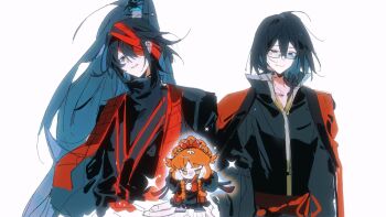1girl 2boys black_eyes black_hair black_hanfu braid chibi chinese_clothes closed_mouth coat coat_on_shoulders cowboy_shot family_hierarch_candidate_(identity)_(project_moon) folding_fan grin hand_fan hanfu high_ponytail highres holding holding_fan hong_lu_(project_moon) ishmael_(project_moon) jingshenhuanghu limbus_company long_hair looking_at_viewer low_twin_braids medium_hair multiple_boys orange_hair parted_lips ponytail project_moon red_coat sidelocks simple_background smile twin_braids very_long_hair white_background yi_sang_(project_moon)