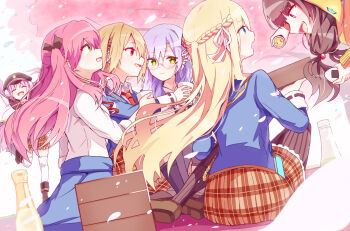 6+girls :d absurdres aikawa_megumi asakura_karen_(heaven_burns_red) bento black_hair black_ribbon black_socks blazer blonde_hair blue_eyes blue_jacket blue_skirt blunt_bangs blush bottle bow braid brown_hair cherry_blossoms closed_eyes closed_mouth collared_shirt cup drinking falling_petals fang food glasses green_eyes grey_hair hair_between_eyes hair_bobbles hair_bow hair_ornament hair_ribbon hairband half_updo happy hat heaven_burns_red highres holding holding_bottle holding_cup holding_food hood hood_up hooded_jacket izumi_yuki_(heaven_burns_red) jacket kayamori_ruka kneehighs knees_up kunimi_tama loafers long_hair long_sleeves looking_at_another low_twintails multiple_girls neck_ribbon necktie onigiri open_mouth outdoors pantyhose petals picnic pink_hair plaid_clothes plaid_skirt pleated_skirt purple_hair red_eyes red_necktie red_ribbon ribbon round_eyewear running sailor_hat sake_bottle school_uniform shira_461 shirt shoes short_hair side_braid sitting skirt smile socks standing striped_clothes striped_thighhighs thermos thighhighs toujou_tsukasa tube twintails two_side_up vertical-striped_clothes very_long_hair white_bow white_ribbon white_shirt white_thighhighs yellow_jacket zettai_ryouiki