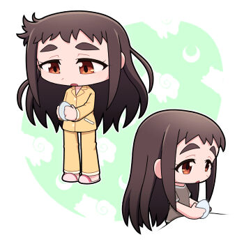 1girl :o absurdres artist_request blue_skirt brown_hair chibi digimon digimon_beatbreak full_body highres long_hair multiple_views pajamas pleated_skirt sapotama shinomiya_hitomi shirt simple_background skirt solo