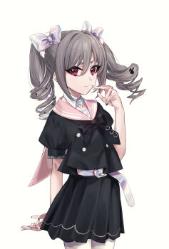 Rule 34 | 1girl, belt, black shirt, black skirt, bow, bowtie, citrus lemon, commentary request, drill hair, expressionless, grey hair, hair bow, highres, idolmaster, idolmaster cinderella girls, kanzaki ranko, long hair, looking at viewer, multicolored nails, nail polish, pantyhose, red eyes, sailor collar, shirt, simple background, skirt, solo, twin drills, white background, white pantyhose