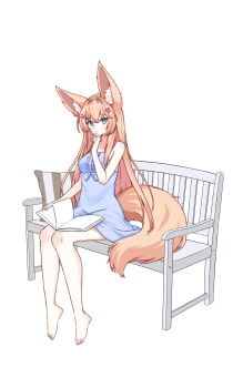 1girl absurdres animal_ear_fluff animal_ears barefoot bench book book_on_lap breasts closed_mouth commentary_request dress expressionless eyebrows_hidden_by_hair fox_ears fox_girl fox_tail from_side full_body green_eyes hand_on_own_chin highres long_hair looking_at_viewer open_book orange_hair original pillow purple_dress simple_background sitting small_breasts solo tail thinking toes white_background wooden_bench ze_zhi_ai